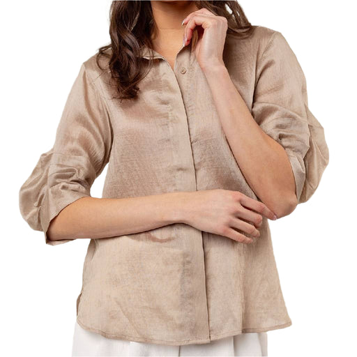 Pleated Linen Top - Tan WOMEN - Clothing - Tops - Long Sleeved Naked Zebra