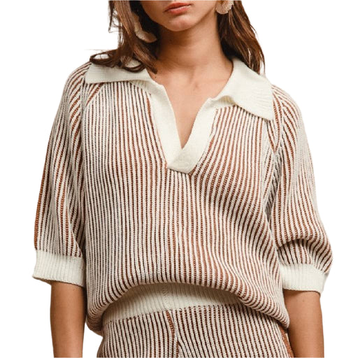 Ribbed Collared Sweater - Ivory/Cinnamon WOMEN - Clothing - Tops - Short Sleeved Teskeys