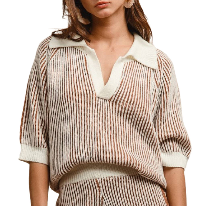 Ribbed Collared Sweater - Ivory/Cinnamon WOMEN - Clothing - Tops - Short Sleeved Teskeys
