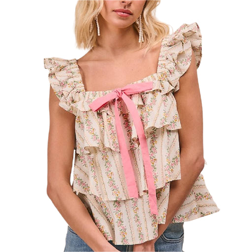 Floral Front Bow Tied Ruffled Top WOMEN - Clothing - Tops - Short Sleeved BiBi Clothing