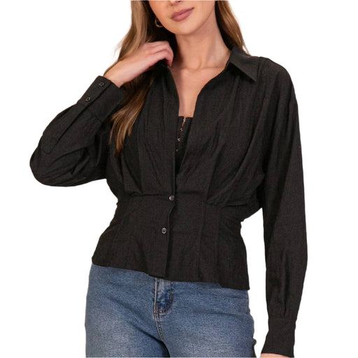 Fitted Button Up Crop Top - Black WOMEN - Clothing - Tops - Long Sleeved Lumiere