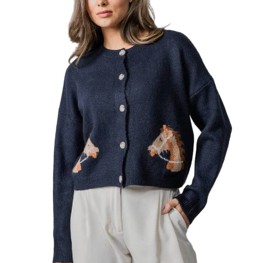 Western Horse Cropped Cardigan - Navy WOMEN - Clothing - Sweaters & Cardigans Urban Daizy