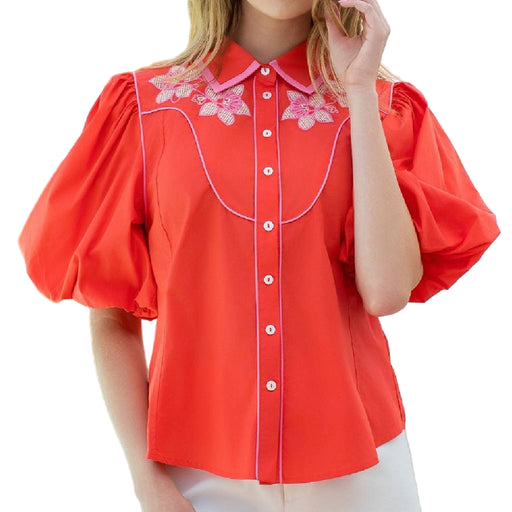 Flower Embroidered Top - Orange WOMEN - Clothing - Tops - Short Sleeved THML Clothing