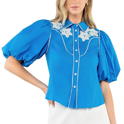 Flower Embroidered Top - Blue WOMEN - Clothing - Tops - Short Sleeved THML Clothing