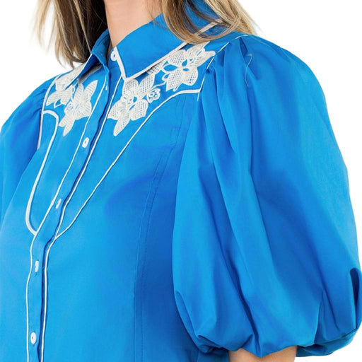 Flower Embroidered Top - Blue WOMEN - Clothing - Tops - Short Sleeved THML Clothing