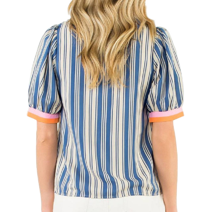 V Neck Striped Top - Blue/Cream