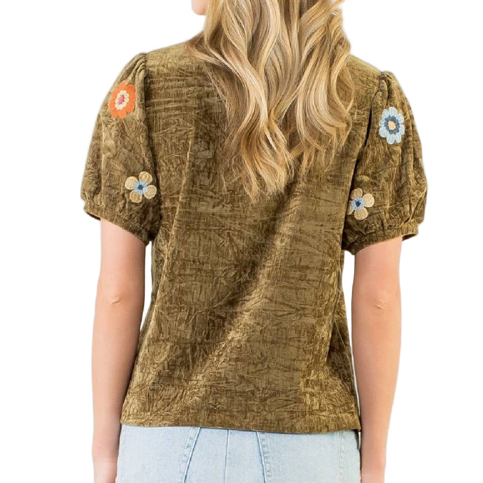 Embroidered Suede Top - Olive