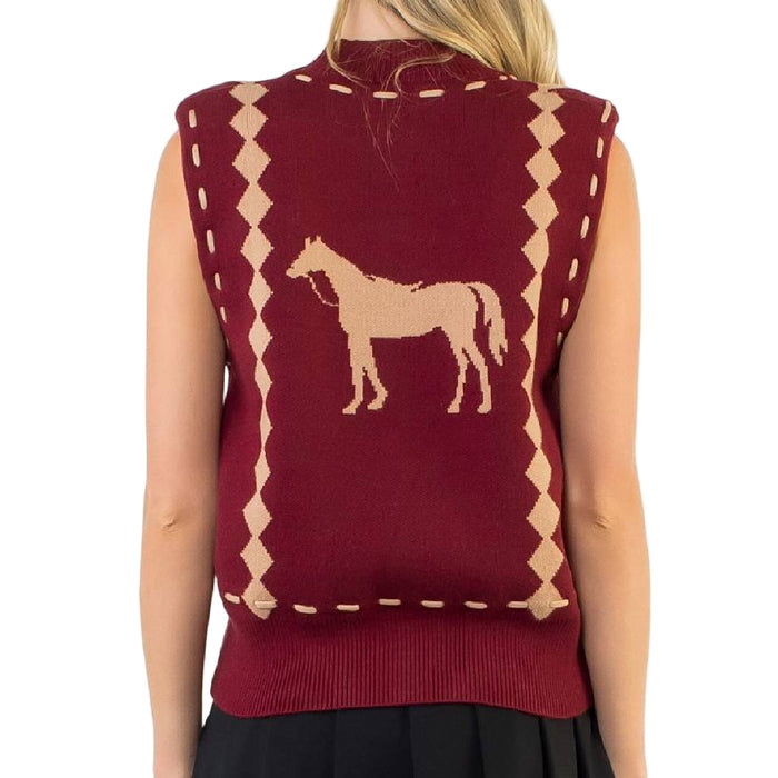 Horse Knit Vest  - Burgundy