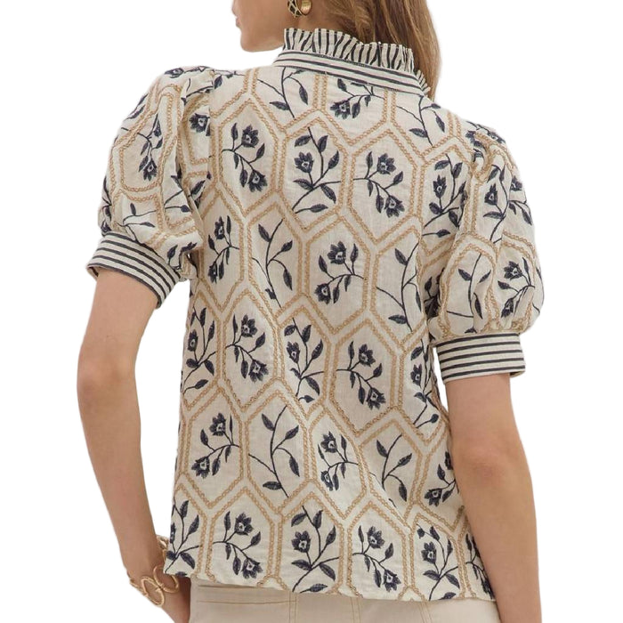 Floral Embroidered Top - Navy/Cream