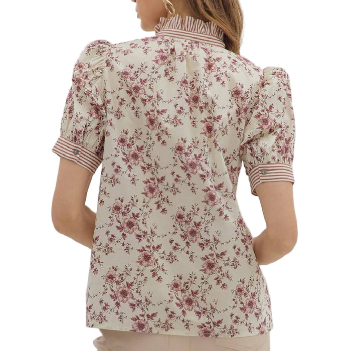 Floral Ruffle Neck Top - Rust/Cream