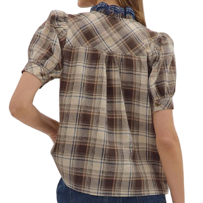 Plaid Ruffle Trim Top - Mocha/Blue