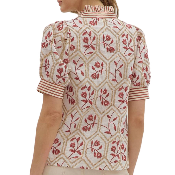 Floral Embroidered Top - Brick/Cream