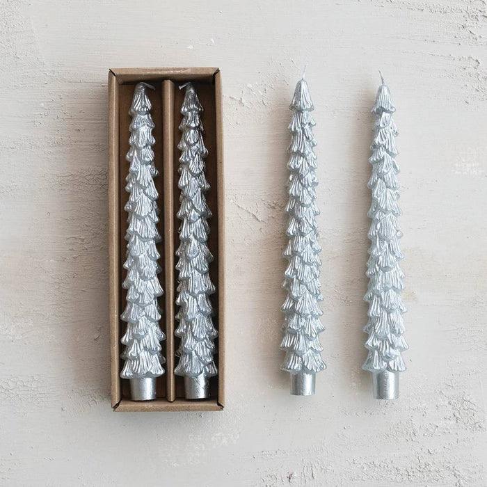 Silver Unscented Tree Shape Taper Candles - Set of 2