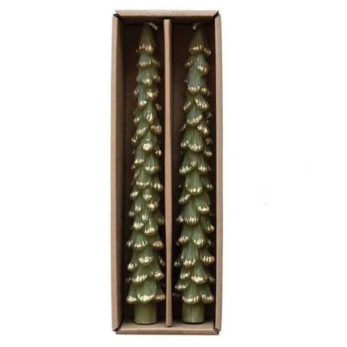 Set of 2 Unscented Tree Shaped Taper Candles - Evergreen/Gold