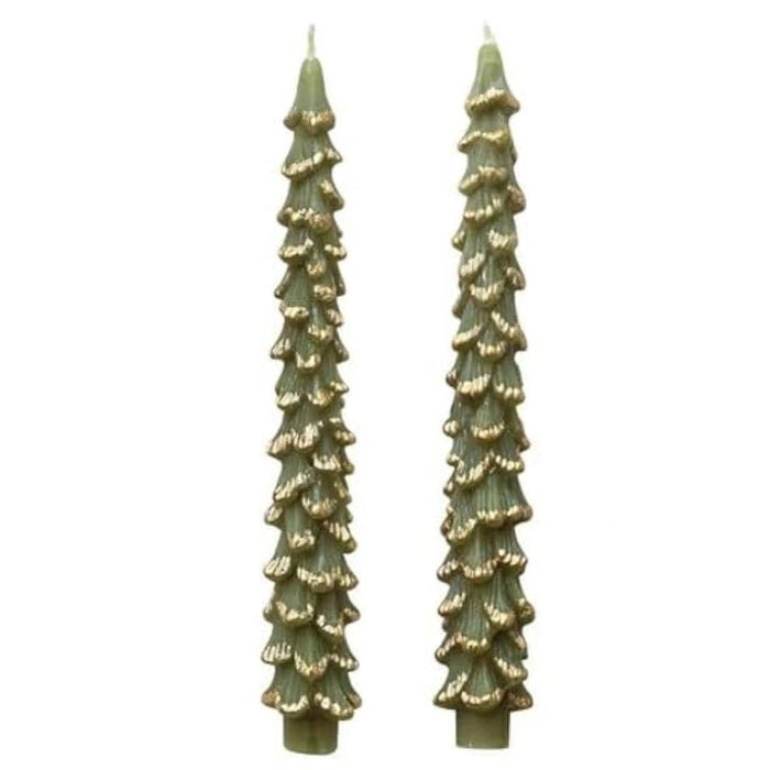 Set of 2 Unscented Tree Shaped Taper Candles - Evergreen/Gold