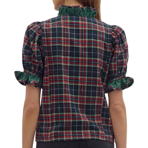 Ruffle Plaid Top - Navy/Multi WOMEN - Clothing - Tops - Short Sleeved Entro