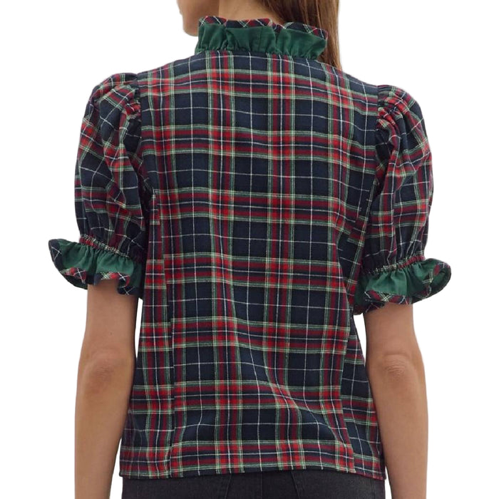Ruffle Plaid Top - Navy/Multi WOMEN - Clothing - Tops - Short Sleeved Entro