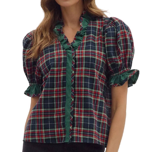 Ruffle Plaid Top - Navy/Multi WOMEN - Clothing - Tops - Short Sleeved Entro