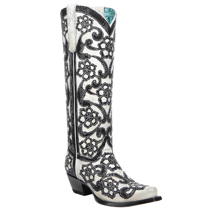 Corral Black Floral Overlay Embroidery Black Sequin White Boot