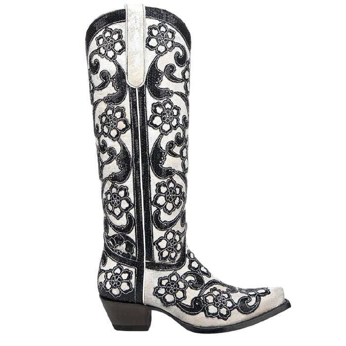 Corral Black Floral Overlay Embroidery Black Sequin White Boot