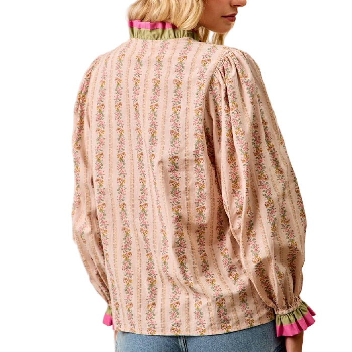 Floral Striped Print Ruffle Detail Top