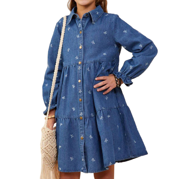 Hayden Girl's Bow Printed Snap Denim Dress