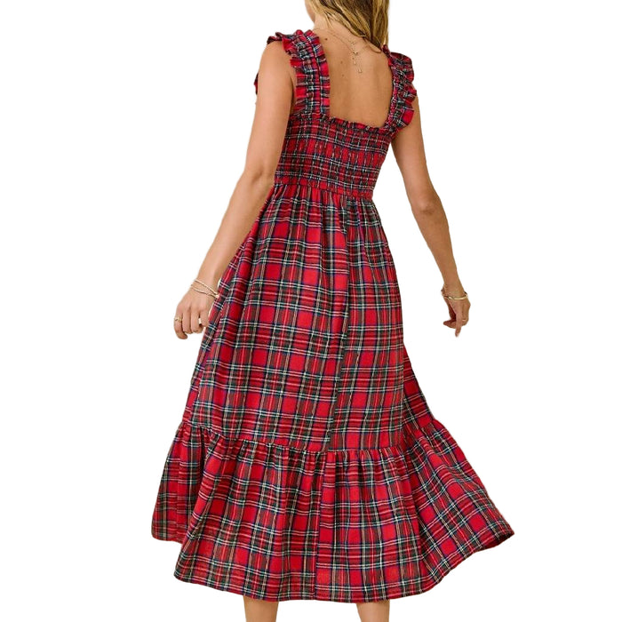 Smocked Bodice Plaid Midi Dress