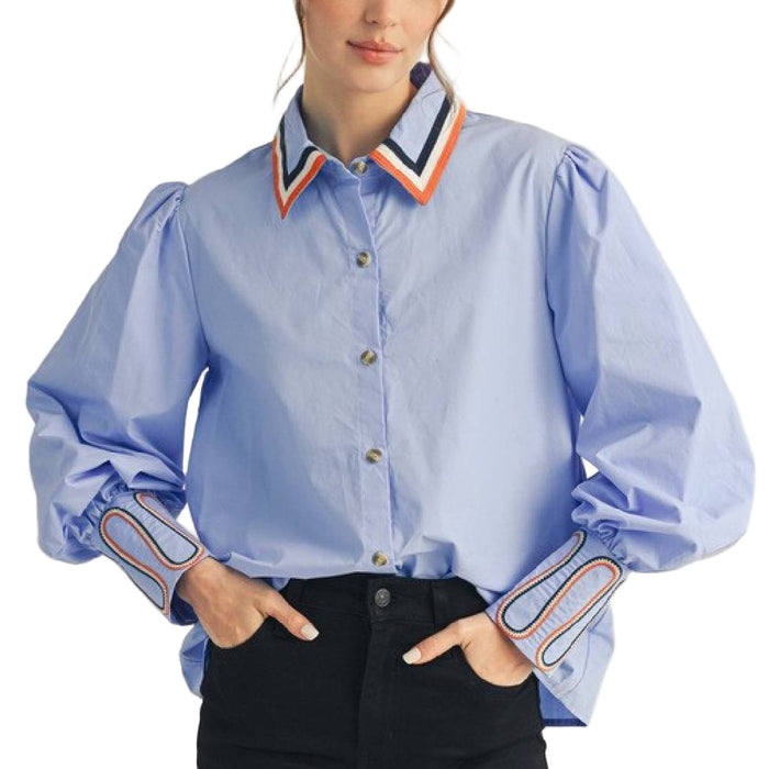 Solid Blue Embroidery Accent Button Down Shirt