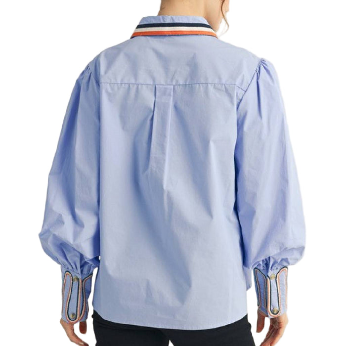 Solid Blue Embroidery Accent Button Down Shirt