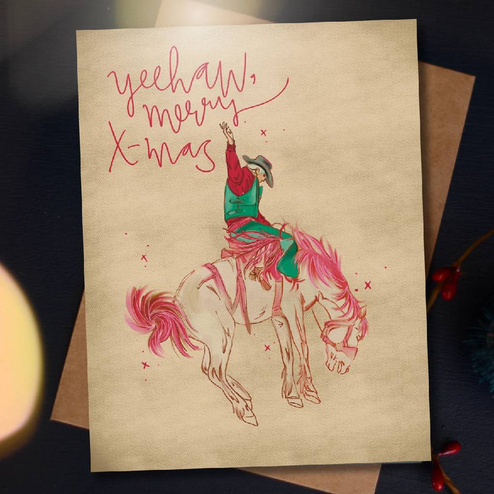 Yeehaw Merry Christmas Bucking Bronco Card