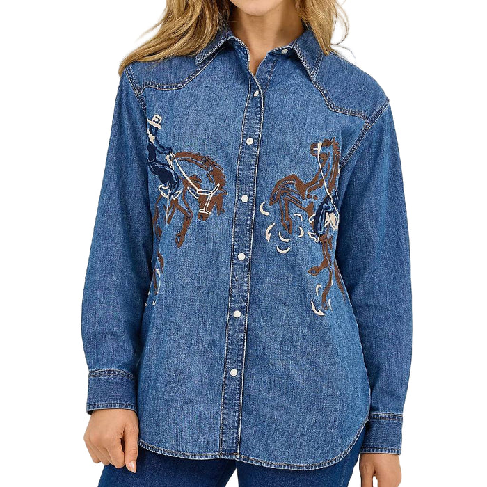 Wrangler Women's Embroidered Horses Pearl Snap Boyfriend Western Shirt