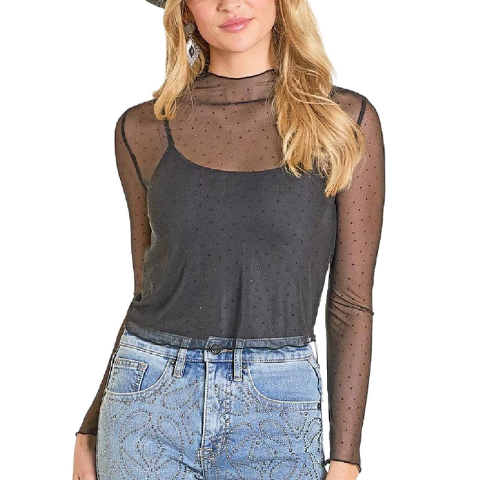 Rock & Roll Denim Women's Black Mesh Rhinestone Top
