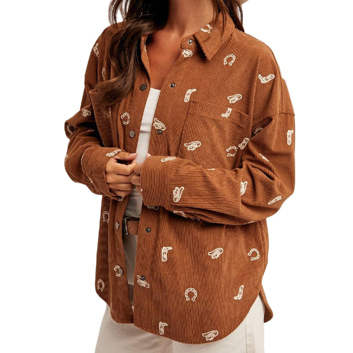 Cowgirl Embroidered Mocha Corduroy Top