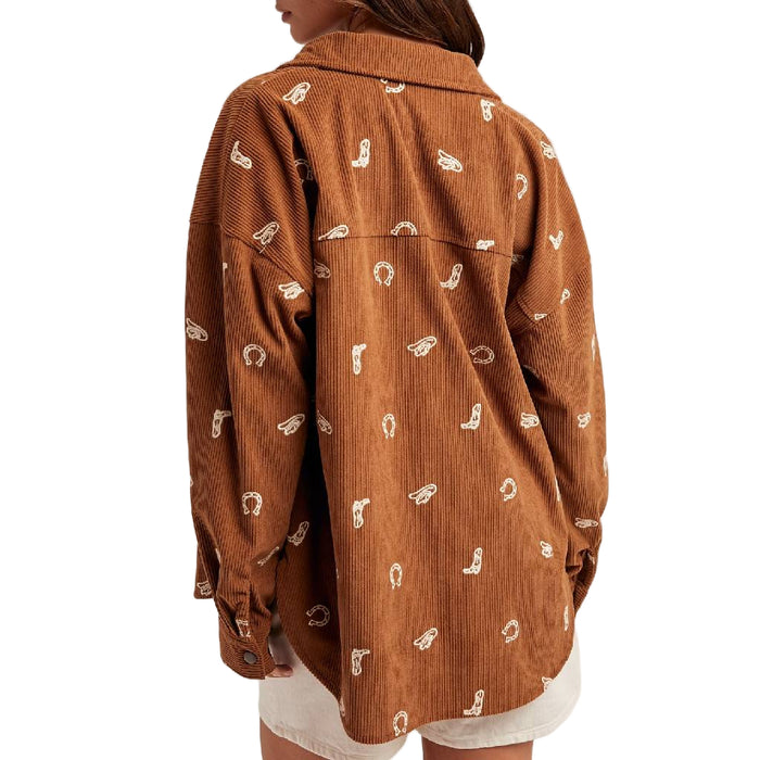 Cowgirl Embroidered Mocha Corduroy Top