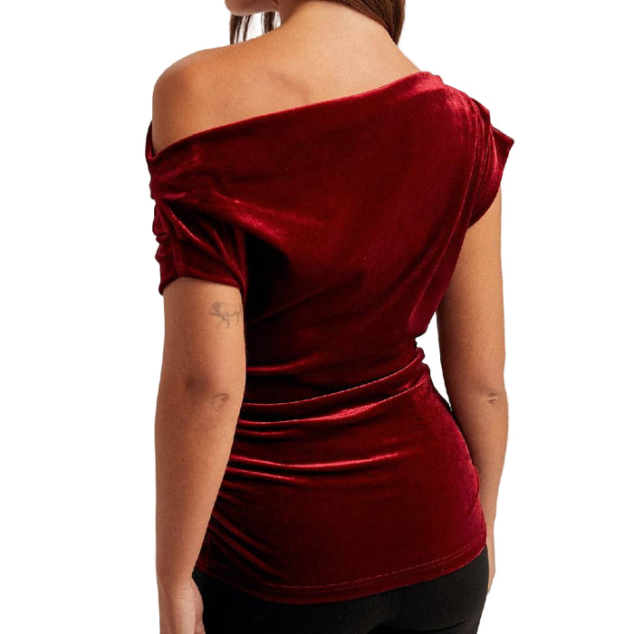 Asymmetrical Ruched Burgundy Velvet Top