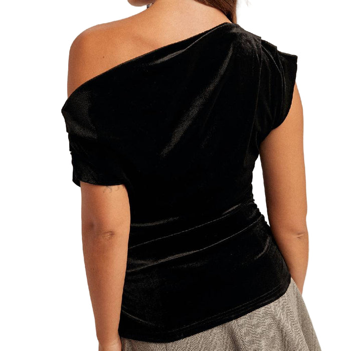Asymmetrical Ruched Black Velvet Top