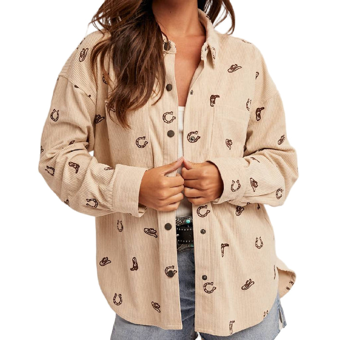 Cowgirl Embroidered Taupe Corduroy Top