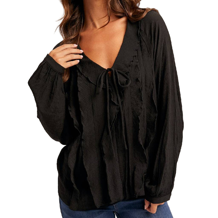 V Neck Ruffle Black Top