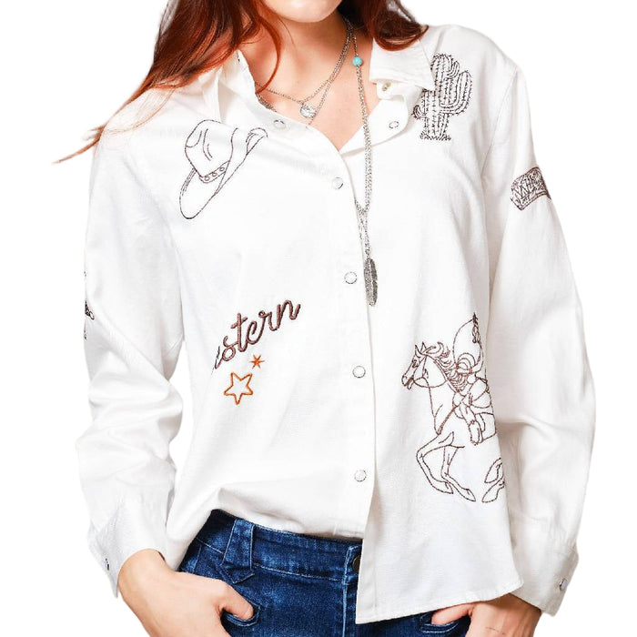 Western Embroidered Washed White Snap Shirt