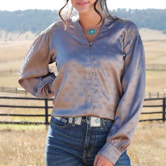 Cruel Denim Women's Grey Satin Smocked Top