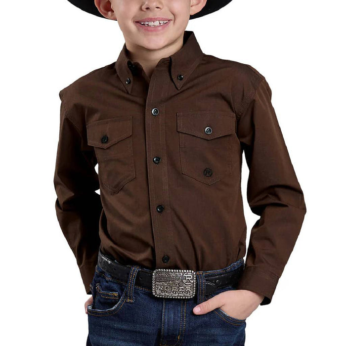 Roper Boy's Long Sleeve Brown Western Poplin