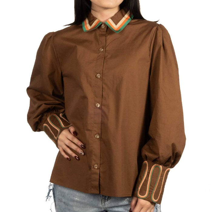 Solid Brown Embroidered Button Down Top