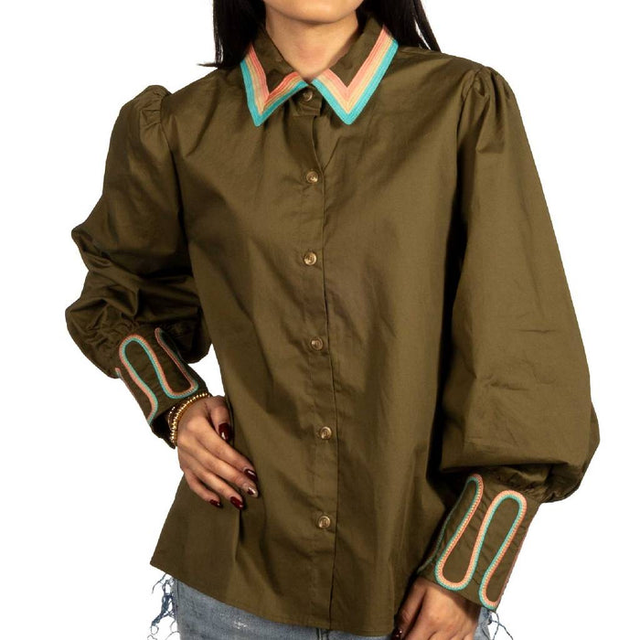 Solid Olive Embroidered Button Down Top