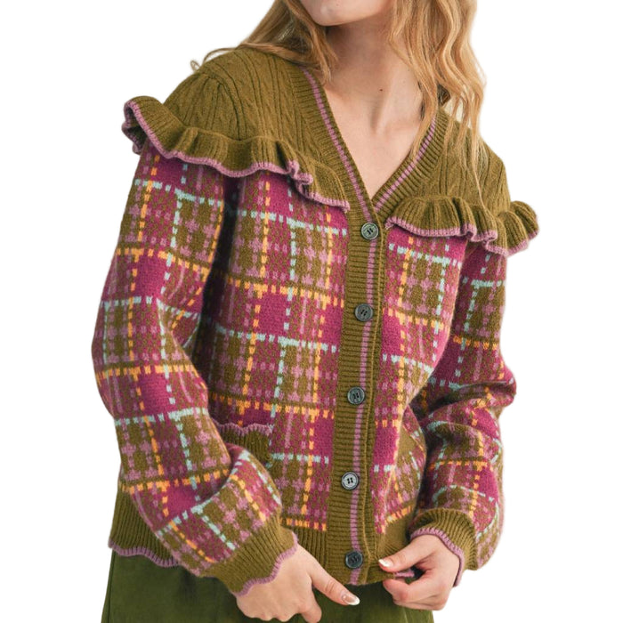 Plaid Ruffled Yoke Cardigan