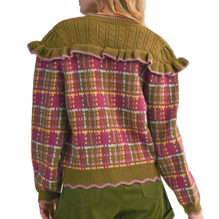 Plaid Ruffled Yoke Cardigan