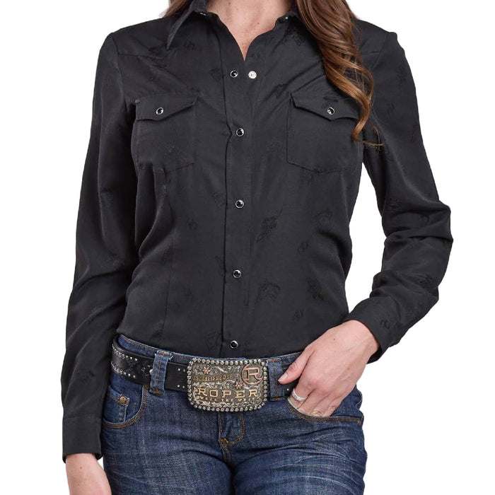 Roper Women's Long Sleeve Snap Black Western Horse Flower