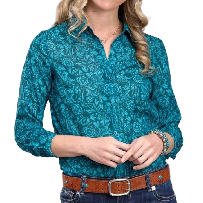 Roper Women's Floral Tooled Print Teal Button Down Shirt