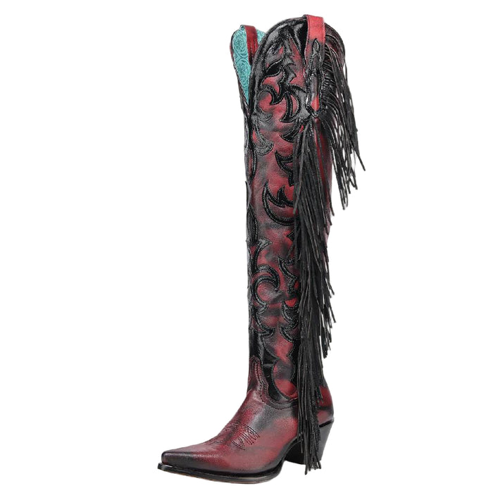 Corral Women's Pointed Toe Red Embroidery Fringe Tall Western Boot