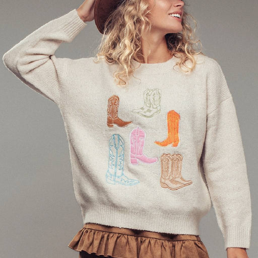 Ivory Embroidered Cowboy Boot Sweater WOMEN - Clothing - Sweaters & Cardigans Urban Daizy