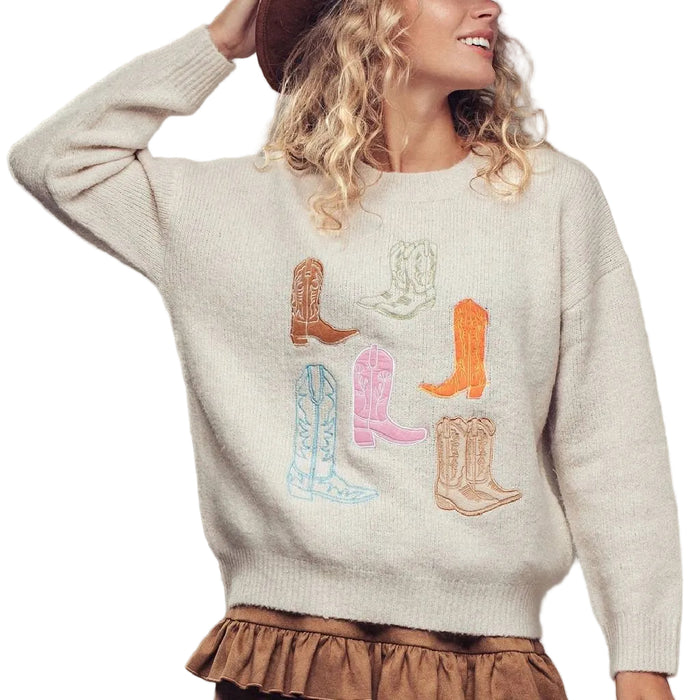 Ivory Embroidered Cowboy Boot Sweater - FINAL SALE WOMEN - Clothing - Sweaters & Cardigans Urban Daizy